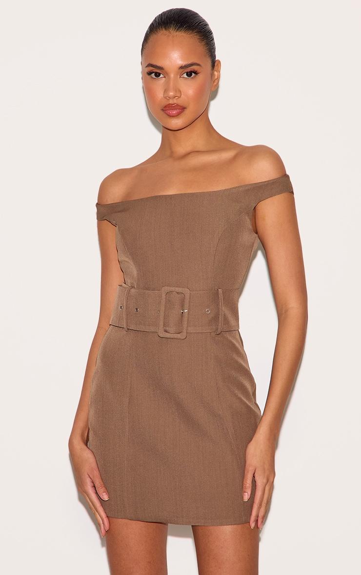  Taupe Woven Off Shoulder Belt Detail Mini Dress Product Image