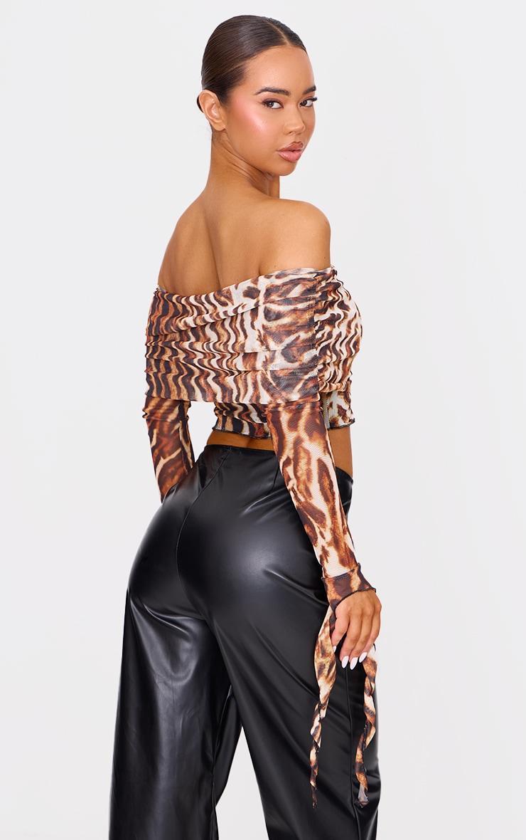 Brown Leopard Mesh Ultra Long Drape Sleeve Crop Top Product Image