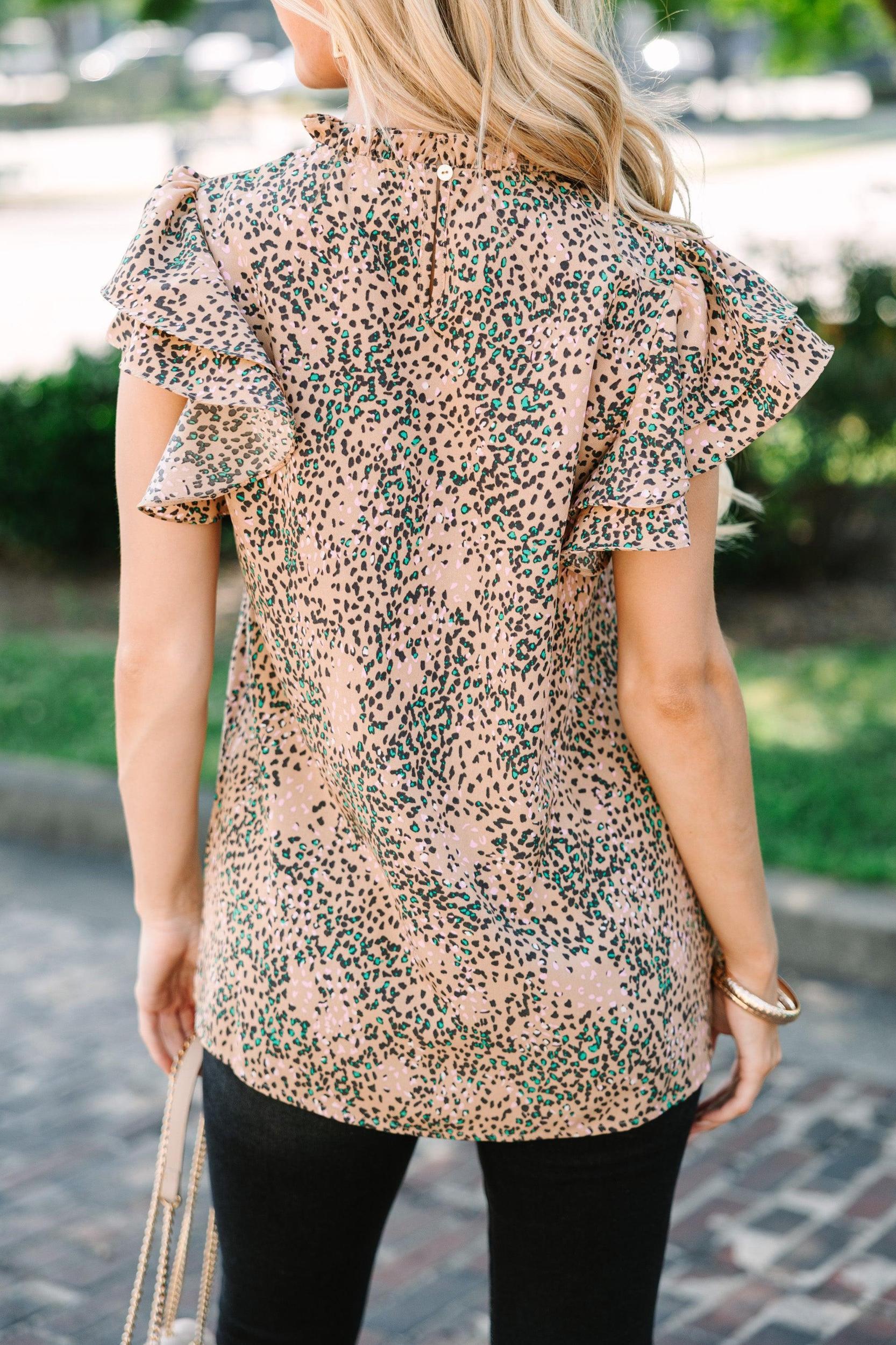 On My Heart Taupe Brown Leopard Print Blouse Female Product Image