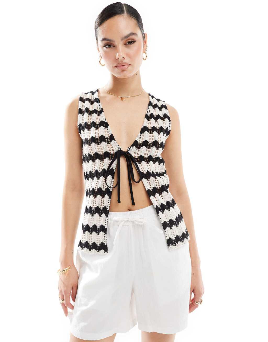 ASOS DESIGN crochet look monochrome zig zag vest in black Product Image