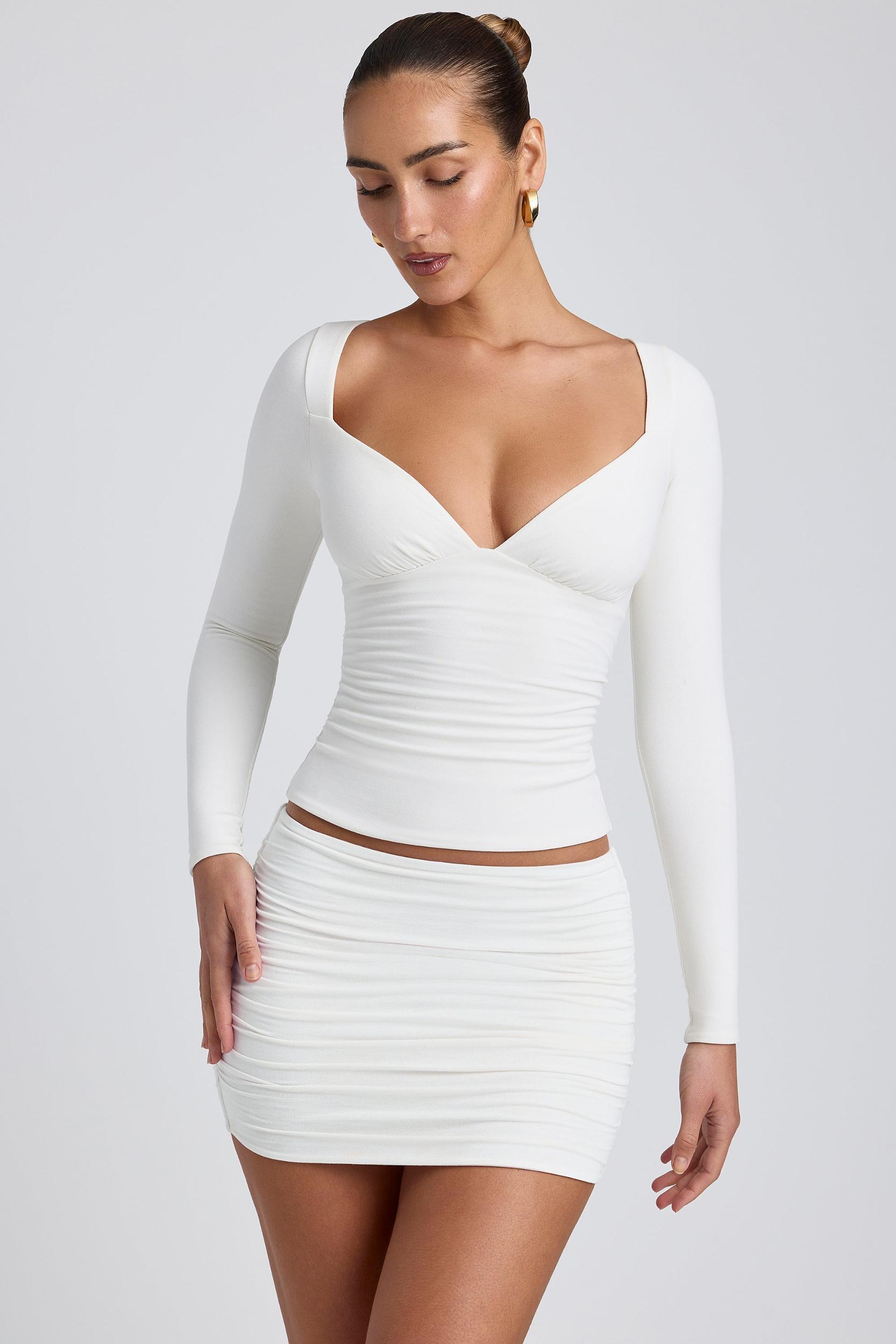 Modal Ruched Long-Sleeve Top in White Product Image