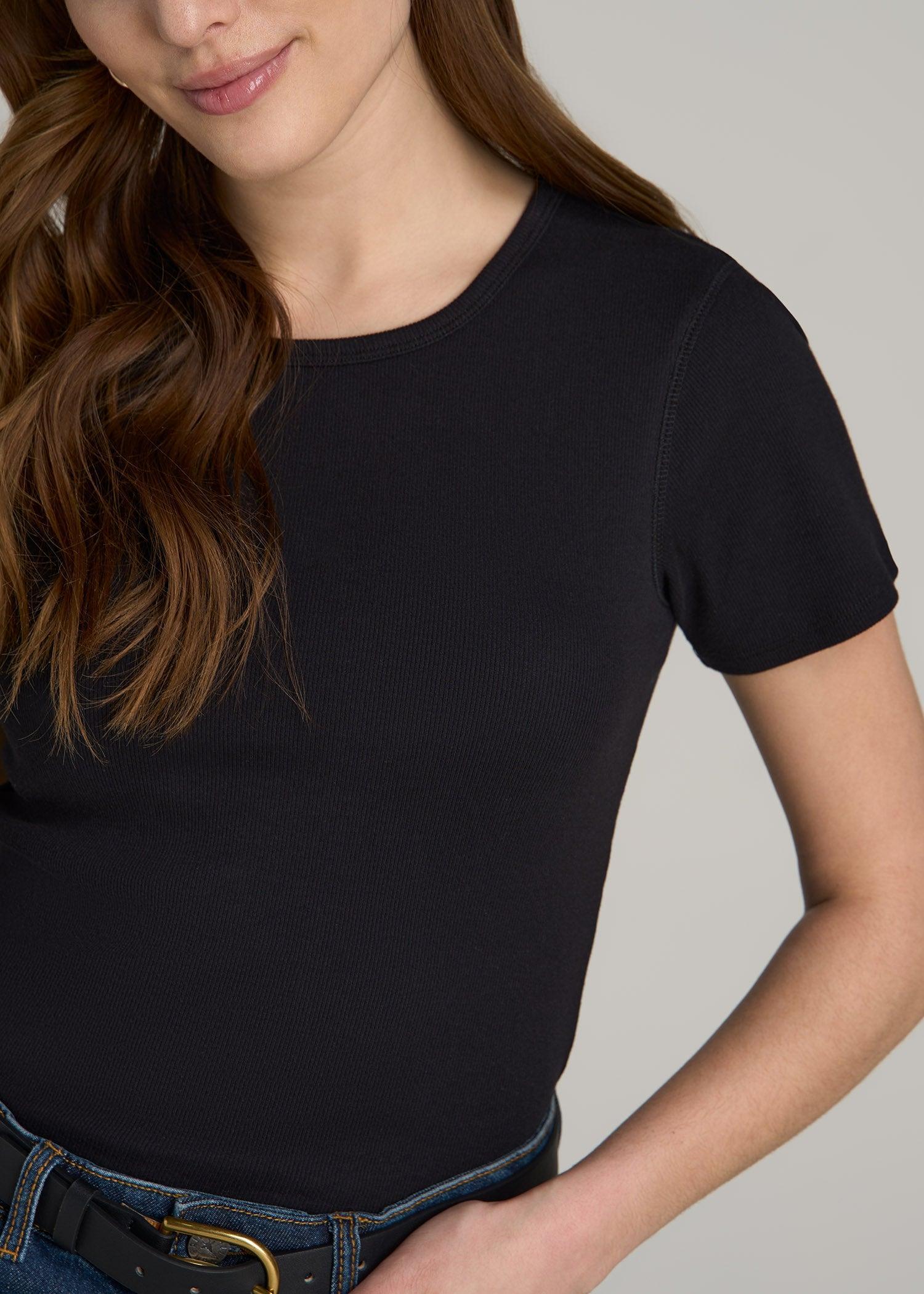 Short Sleeve Crew Neck Ribbed T-Shirt for Tall Women in Black Product Image