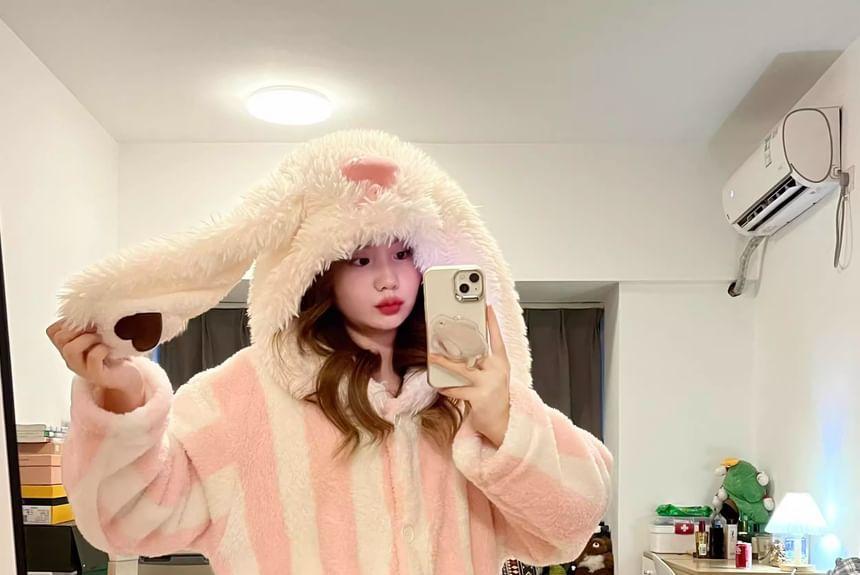 Rabbit Ear Hooded Fleece Striped Pajama Robe Product Image