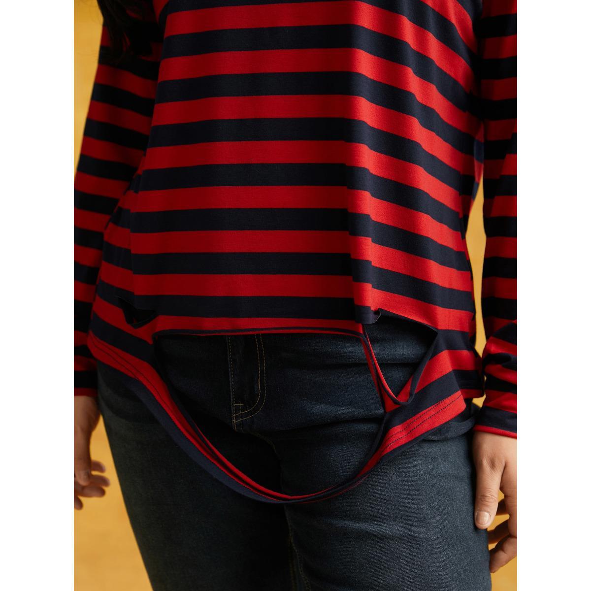 Plus Size Striking Striped Relaxed Fit T-shirt Brightred Women Casual Distressed Round Neck Everyday T-shirts BloomChic 12/L Product Image