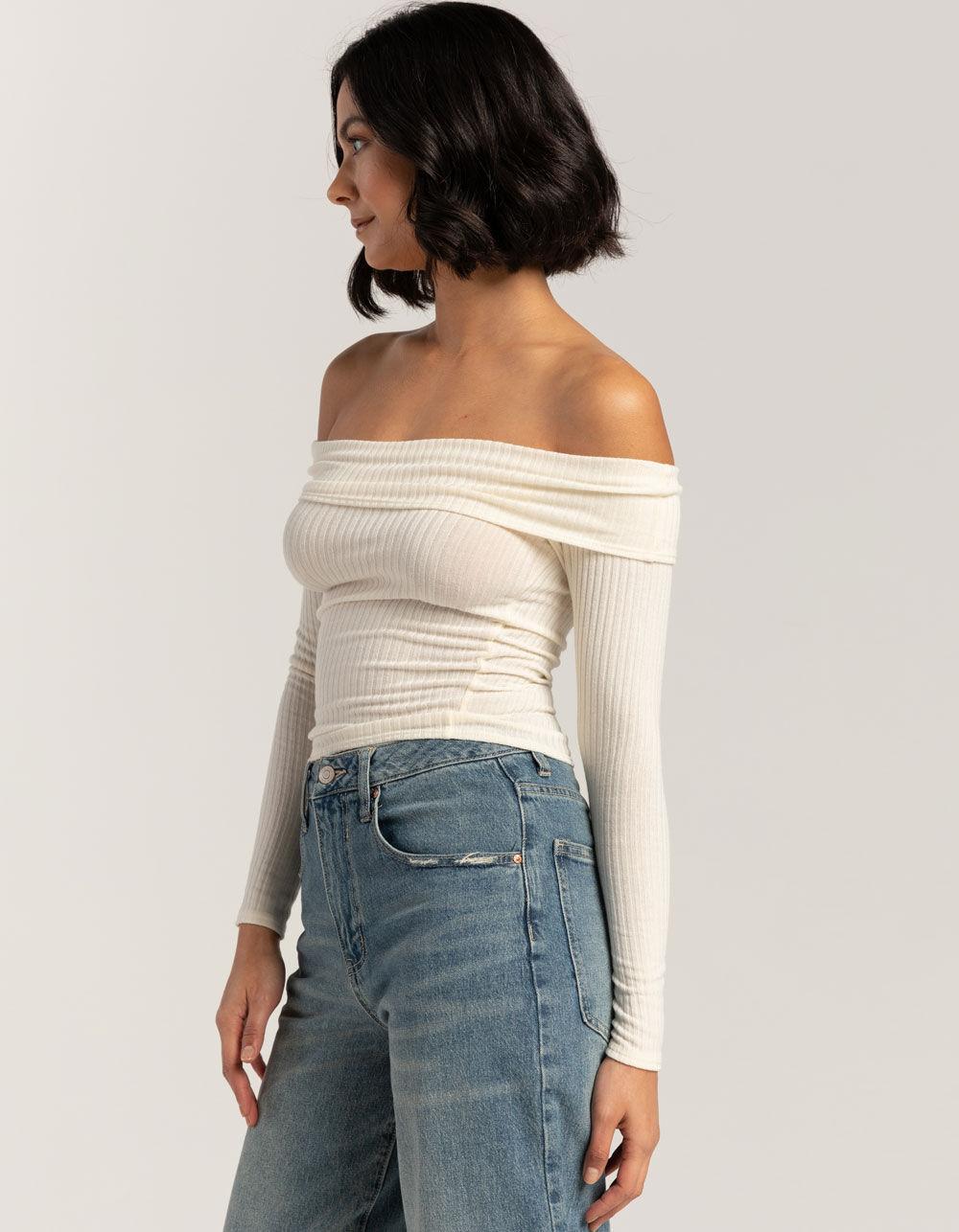 FULL TILT Fold Over Rib Off The Shoulder Womens Top - HEATHER GRAY Product Image