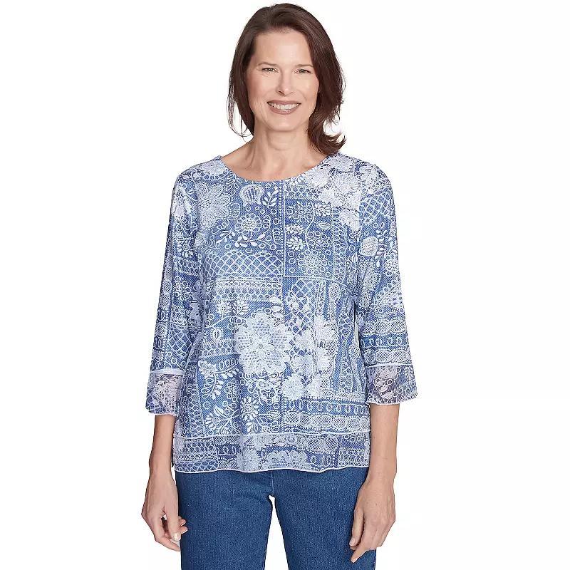 Petite Alfred Dunner Lacey Floral Patchwork Crew Neck Top, Women's,  Product Image