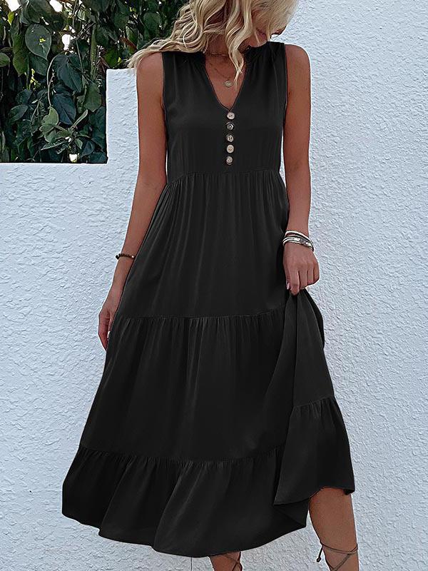 Loose Sleeveless Pleated Split-Joint V-Neck Midi Dresses Product Image