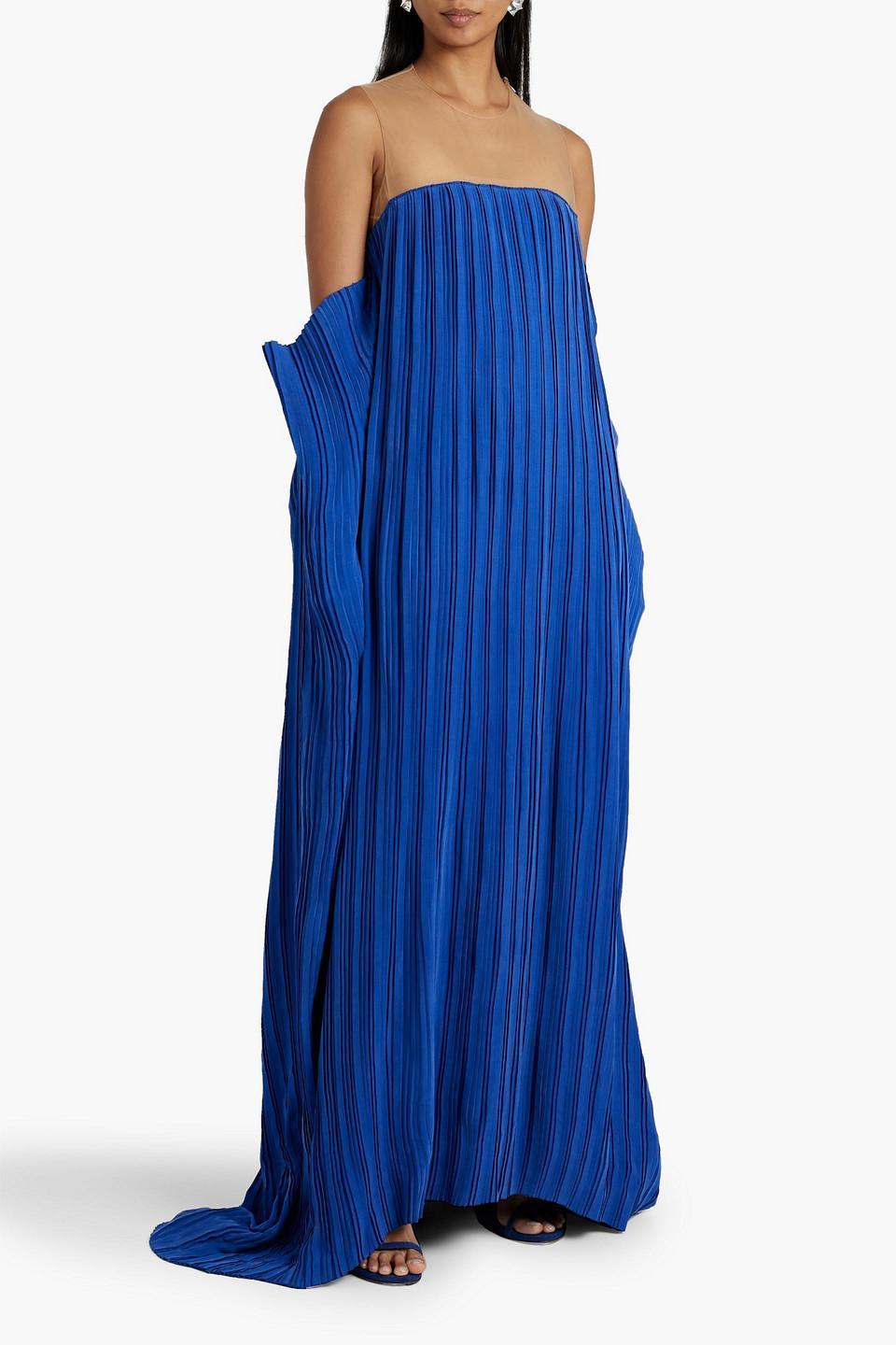 Tulle-paneled Pleated Cupro Gown In Royal Blue Product Image