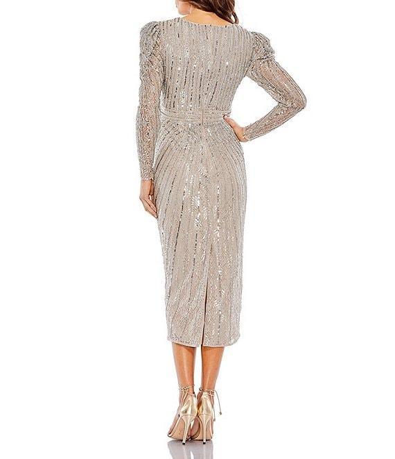 Mac Duggal Beaded Lace Surplice V-Neck Long Sleeve Embellished Midi Sheath Dress Product Image