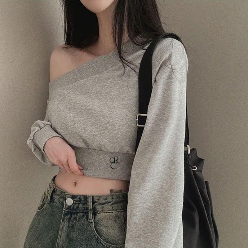 Puff Sleeve Cold-Shoulder Plain Crop Sweatshirt Product Image