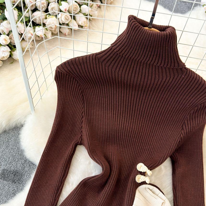 Flared-Sleeve Turtleneck Two Tone Asymmetrical Ribbed Sweater Product Image