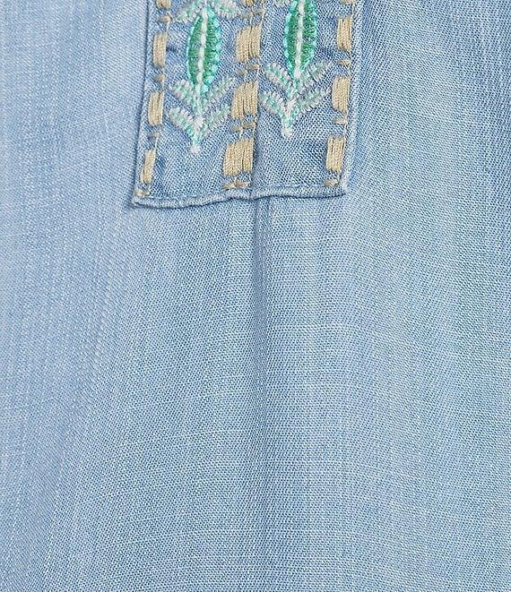 Multiples Lyocell Embroidered Elbow Raglan Sleeve Notch Neck Band Collar Hi-Low Hem Top Product Image