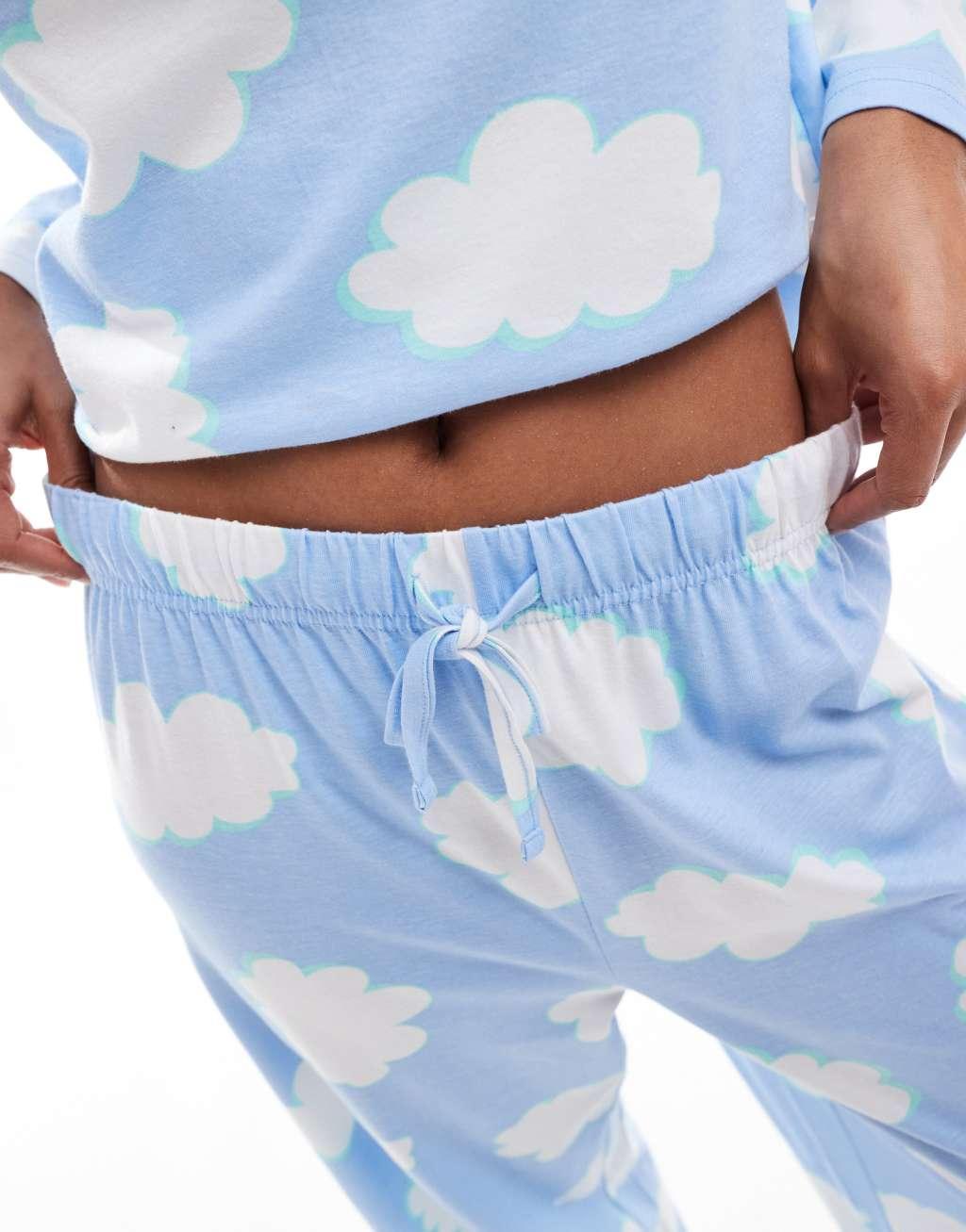 ASOS DESIGN cloud long sleeve top & pants pajama set in blue Product Image