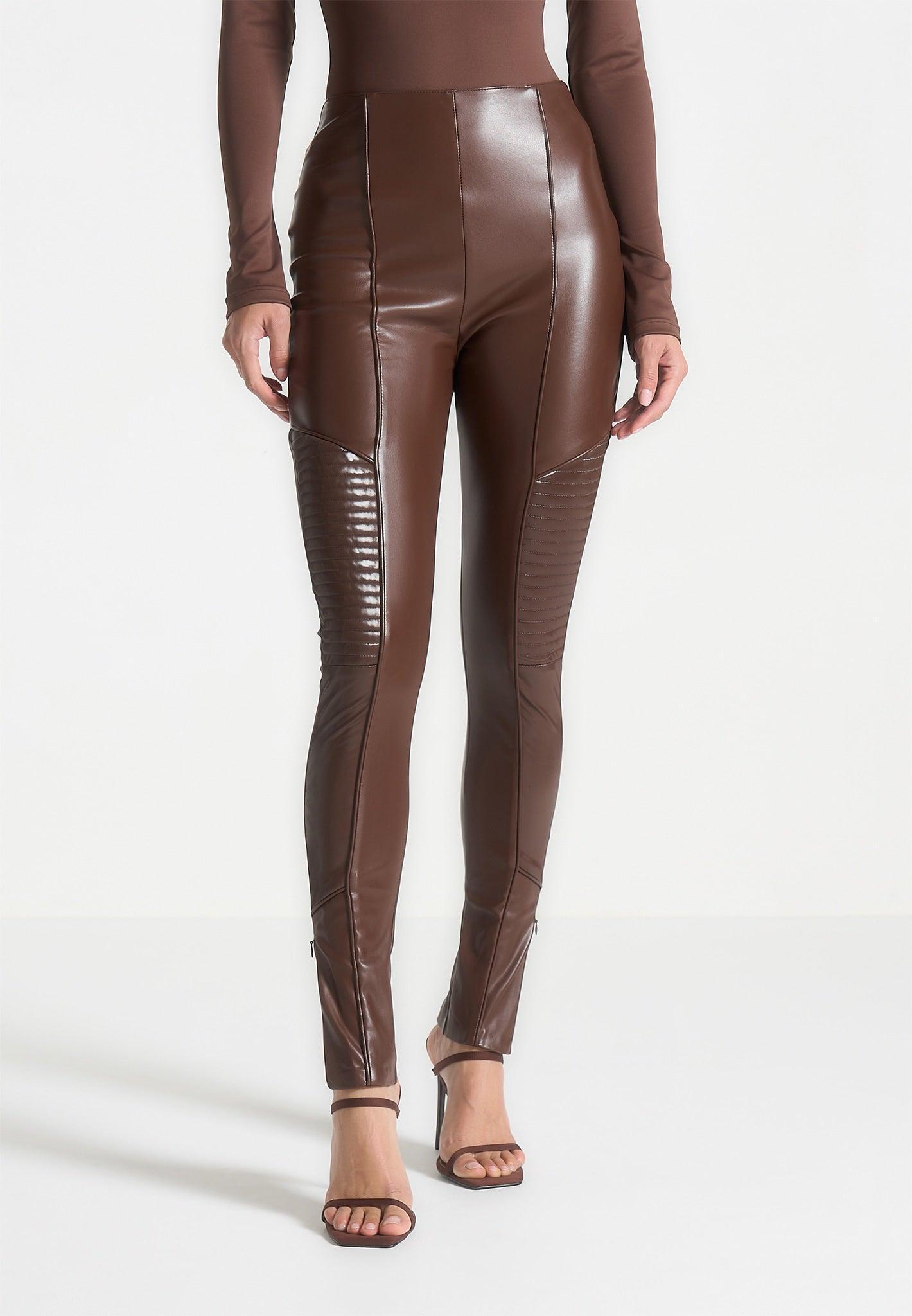 Leather & Patent Ribbed Leggings - Brown Female Product Image