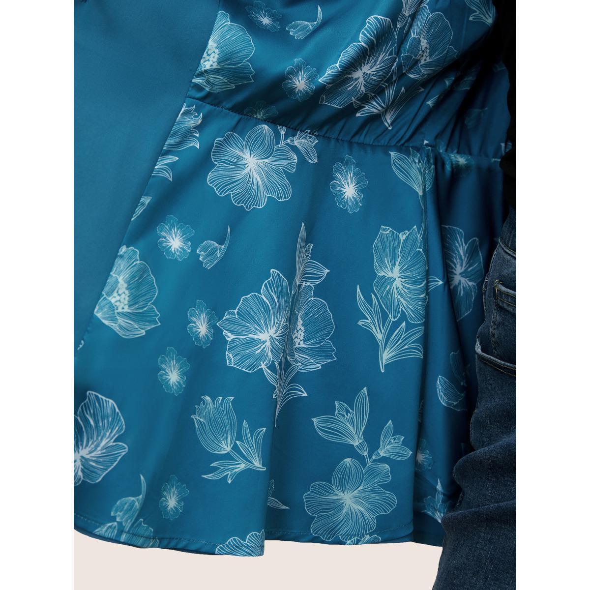 Plus Size Suit Collar Gathered Lined Floral Blazer Cerulean Women Work Plain Non Sleeve Elbow-length sleeve Suit Collar 14-16/1X Slanted pocket At the Office Blazers BloomChic Product Image