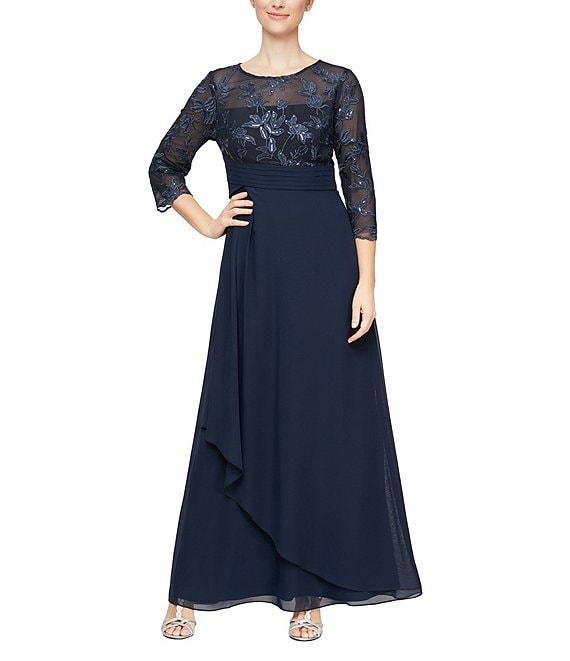 Alex Evenings Boat Neck 3/4 Sleeve Embroidered Bodice Asymmetrical Cascade Skirt Stretch Tulle A Line Gown Product Image