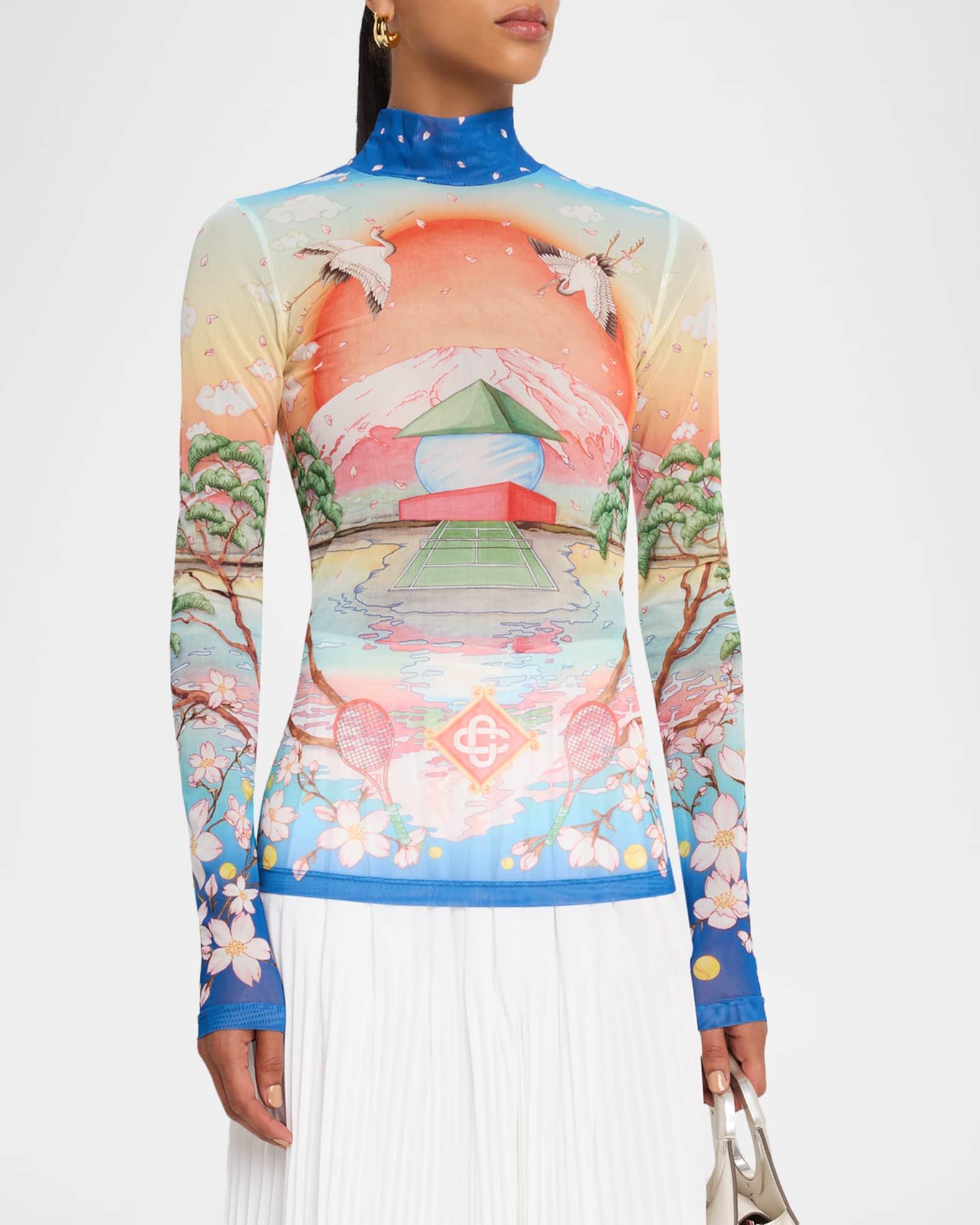 Mock-Neck Printed Mesh Long-Sleeve Top Product Image