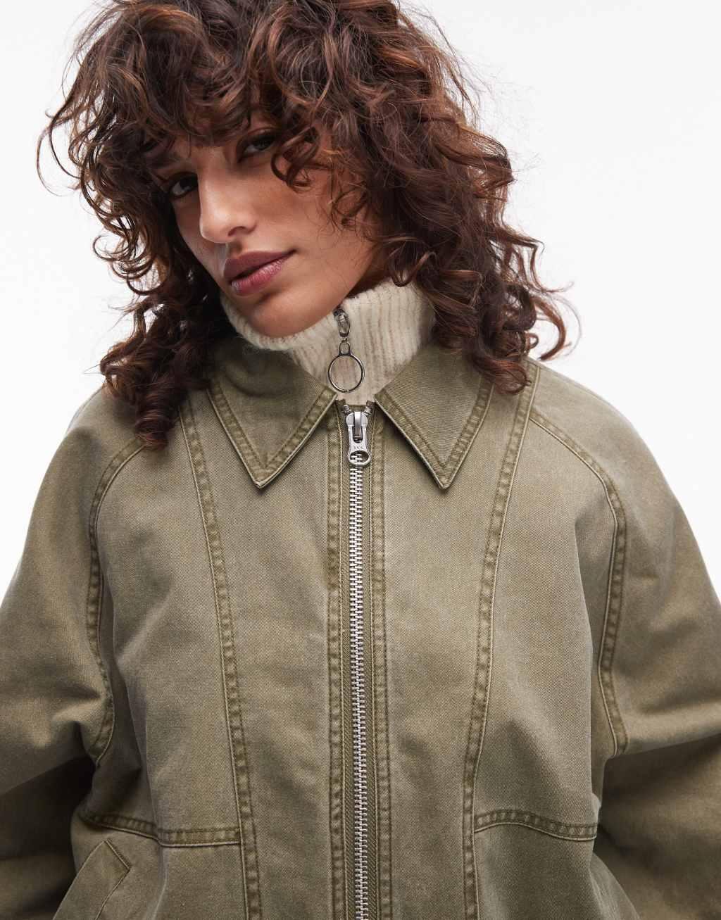 Topshop acid washed bomber jacket in khaki Product Image