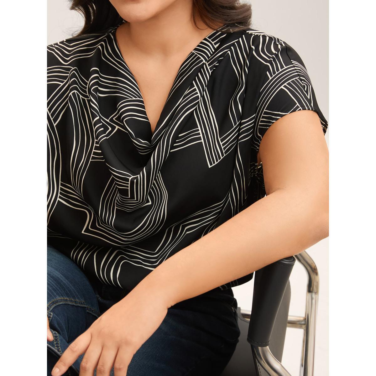 Plus Size Black Abstract Print Cowl Neck Blouse Women Short sleeve Cowl Neck Work Blouses BloomChic 22-24/3X Product Image