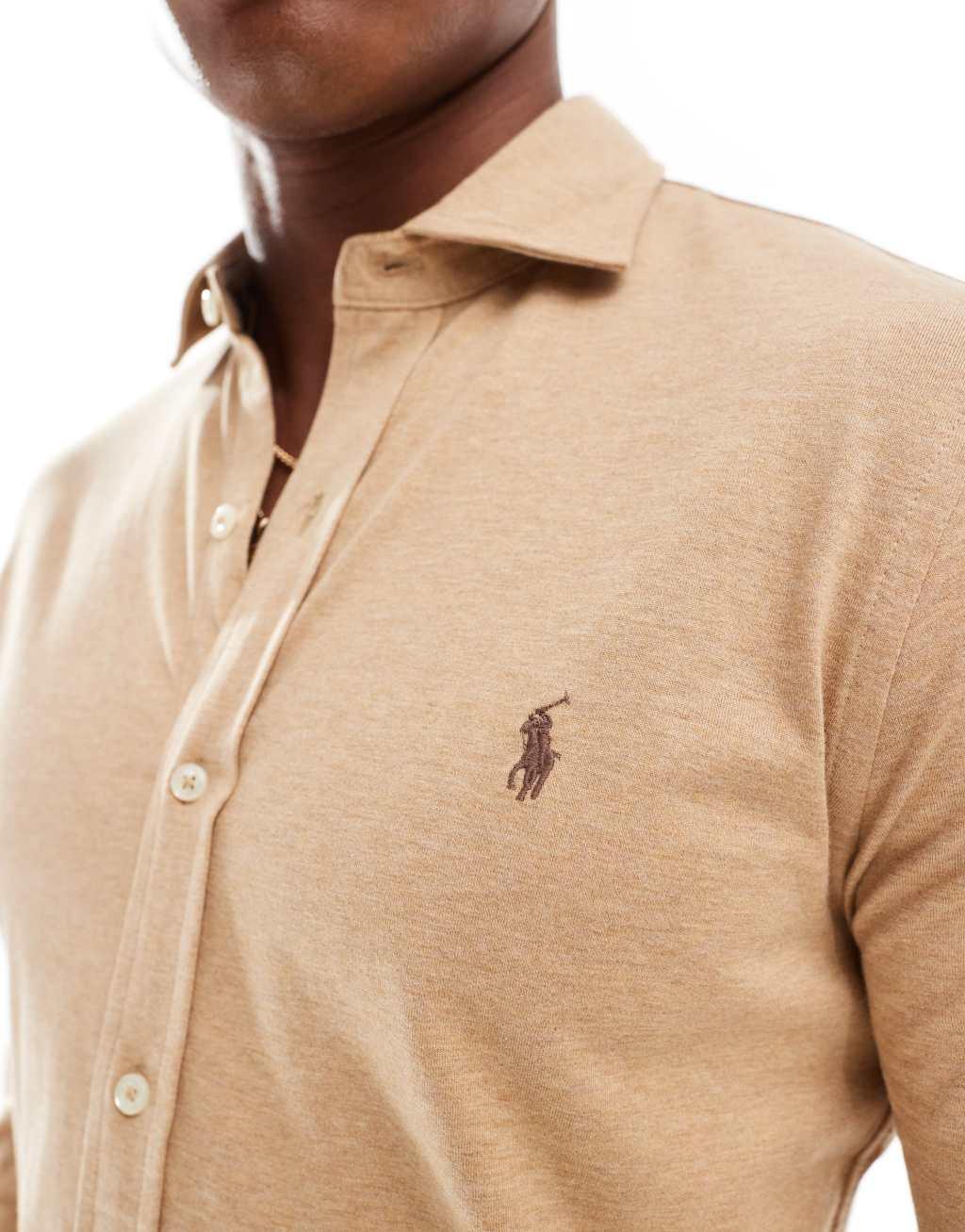 Polo Ralph Lauren icon logo estate collar jersey shirt in heathered camel Product Image