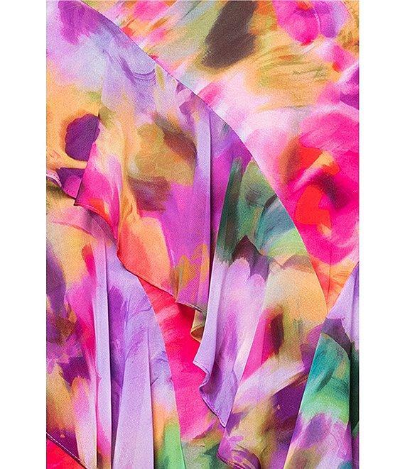 Xscape Chiffon Floral Print One Shoulder Neck Sleeveless Ruffle A-Line Gown Product Image