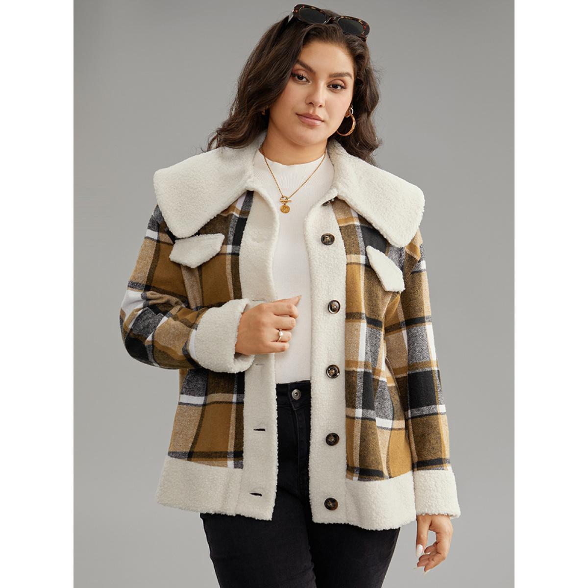 Plus Size Plaid Contrast Patchwork Button Through Jacket Women Chocolate Contrast Dailywear Jackets BloomChic 26/4X Product Image