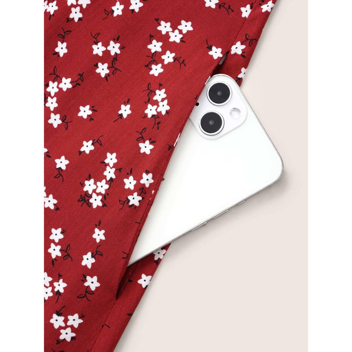 Plus Size Ditsy Floral Button Detail Elastic Waist Midi Dress Crimson Women Timeless Gathered V-neck Short sleeve Curvy BloomChic 22-24/3X Product Image