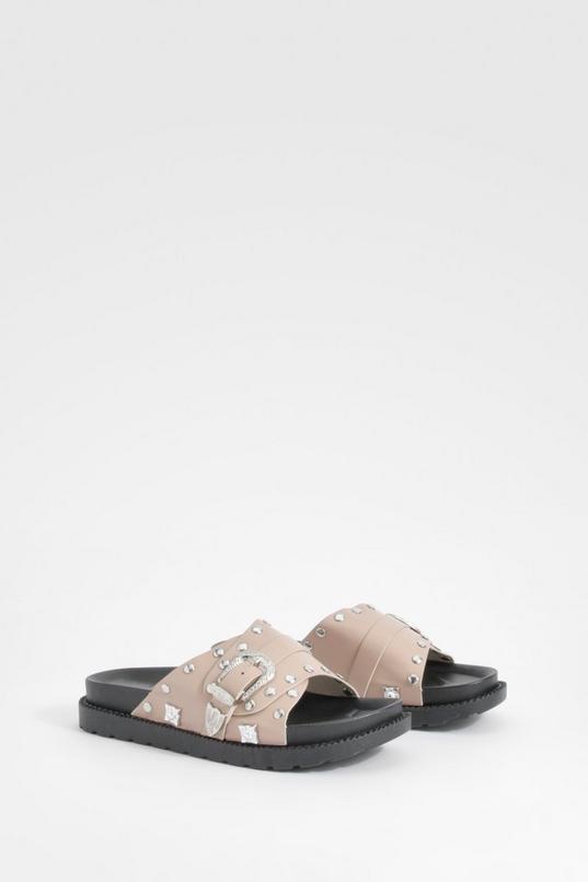 Western Detail Buckle Footbed Sliders  Product Image