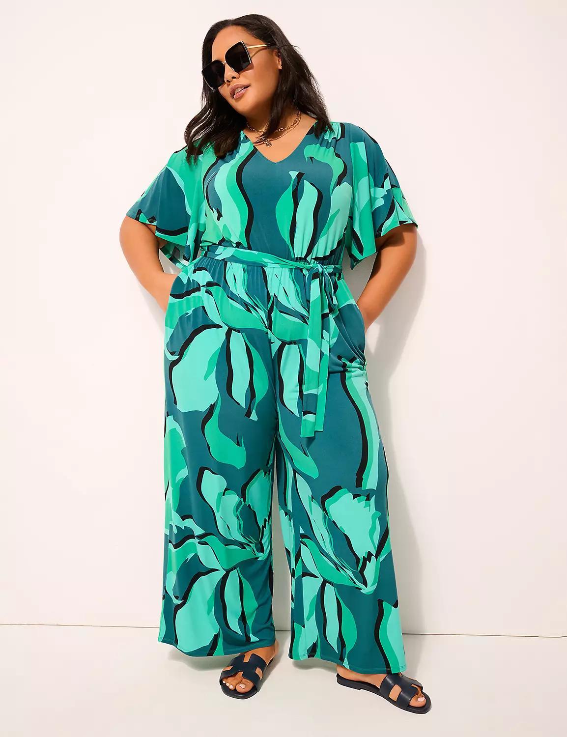 Flutter-Sleeve V-Neck Wide Leg Jersey Jumpsuit Product Image