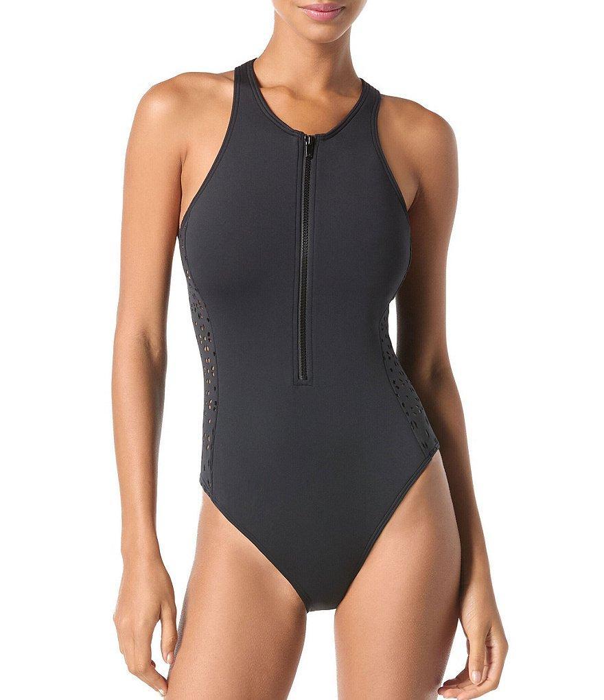 MICHAEL Michael Kors Solid Scuba High Neck Zip Front Laser Cut-Out One Piece Swimsuit Product Image