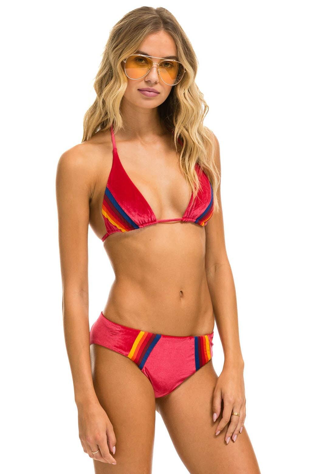 5 STRIPE VELVET SCRUNCH BIKINI BOTTOM - RED Female Product Image