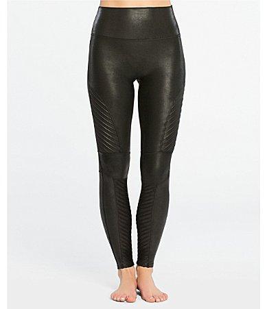 Spanx Petite leather look biker leggings in black Product Image