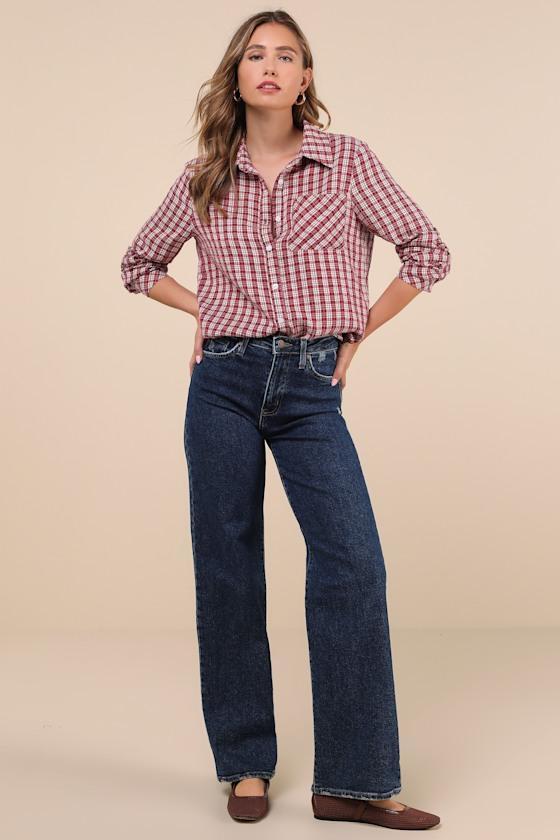 Classic Attitude Red Plaid Collared Long Sleeve Button-Up Top Product Image