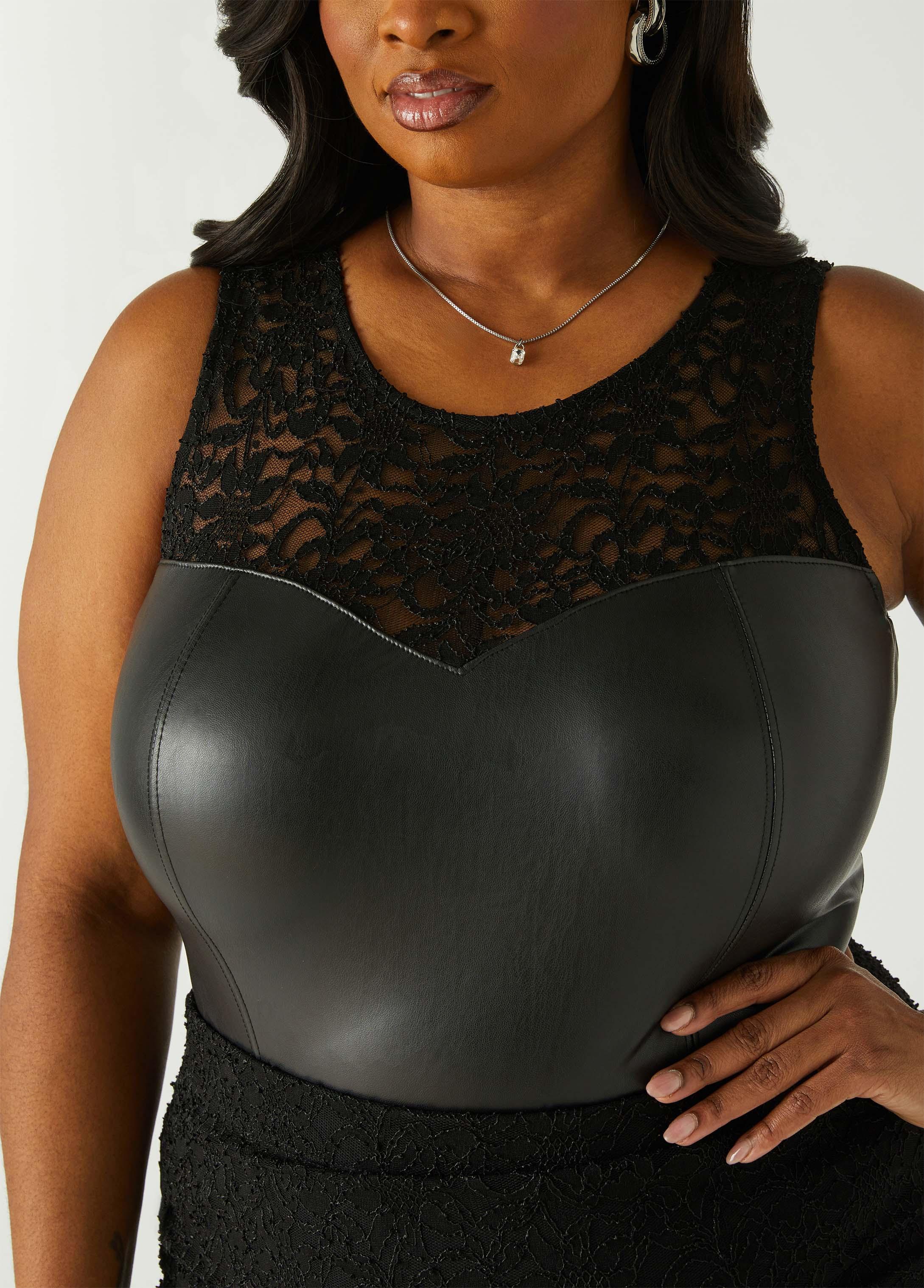 Plus Size Lace Paneled Faux Leather Bodysuit Ashley Stewart Product Image