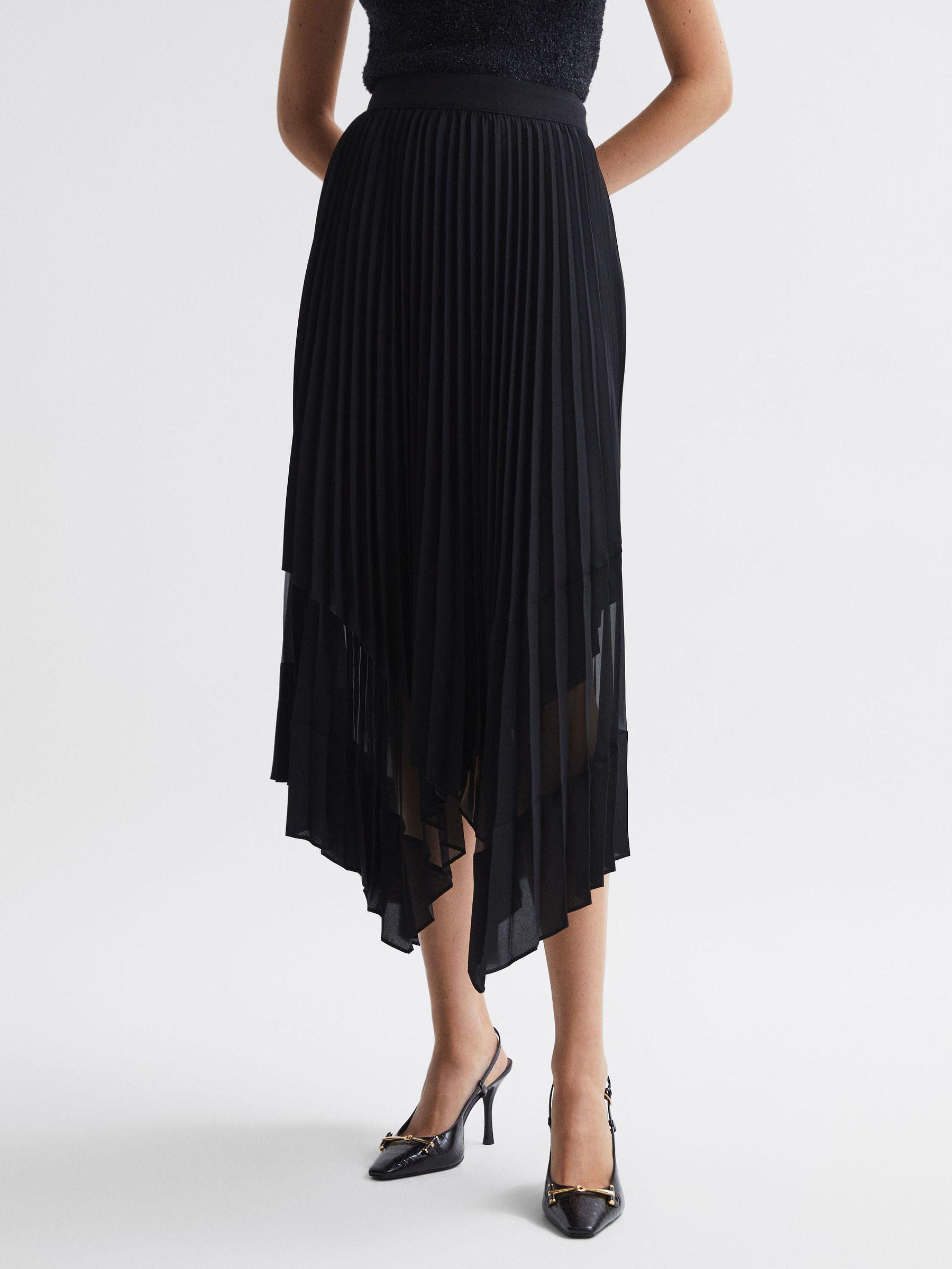 Pleated Layered Asymmetric Midi Skirt in Black Product Image