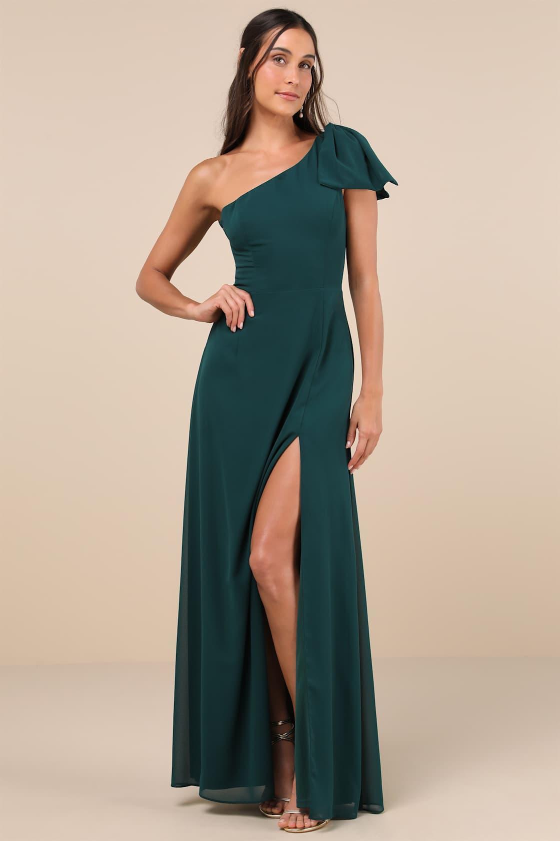 Simply Brilliant Emerald One-Shoulder Bow Maxi Dress Product Image