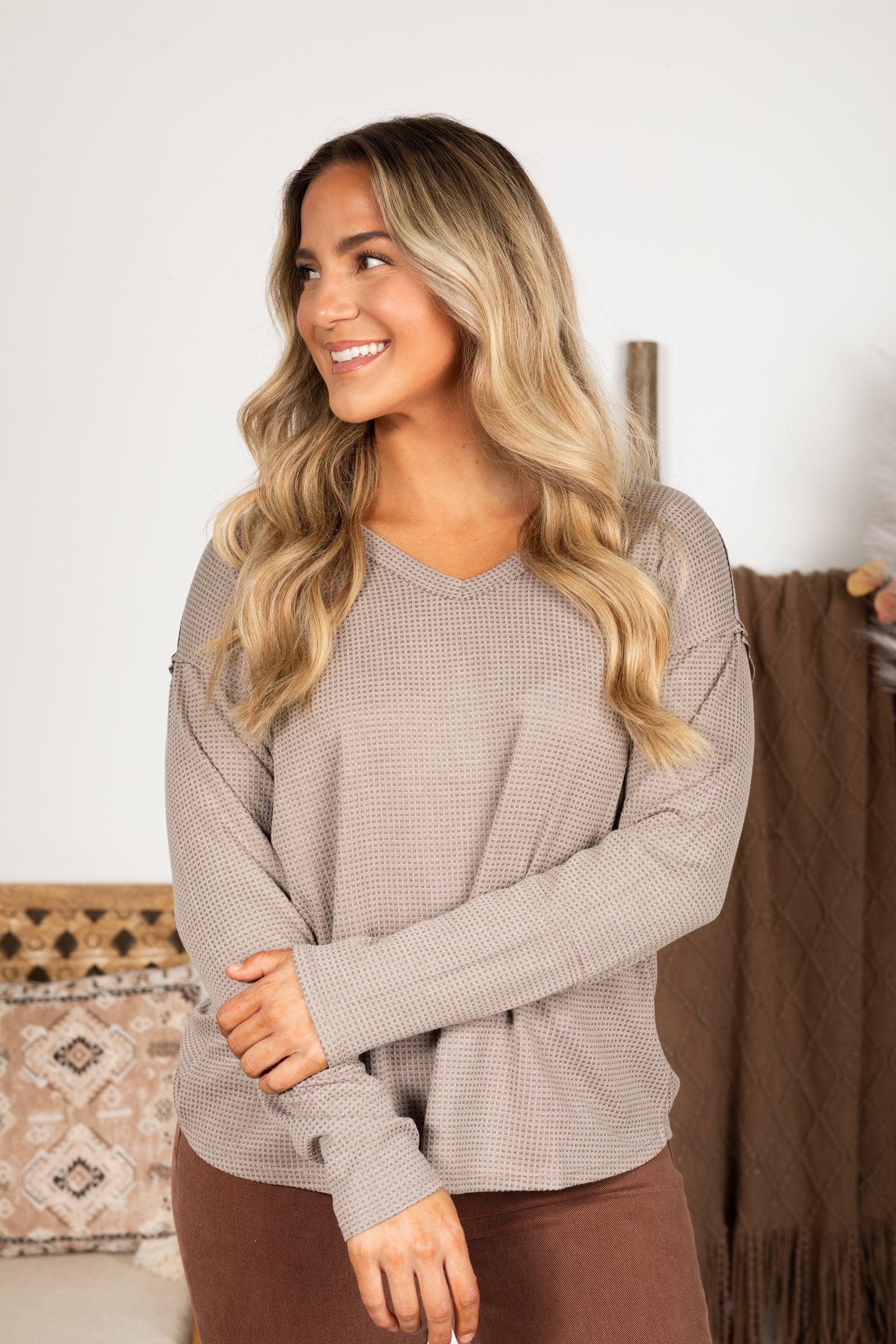 Waffle Knit Long Sleeve V-Neck Top Product Image