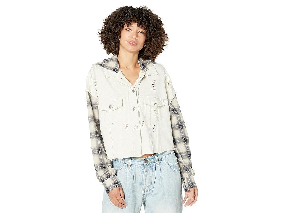 Miss Me Plaid Woven Jacket (Oatmeal) Women's Clothing Product Image