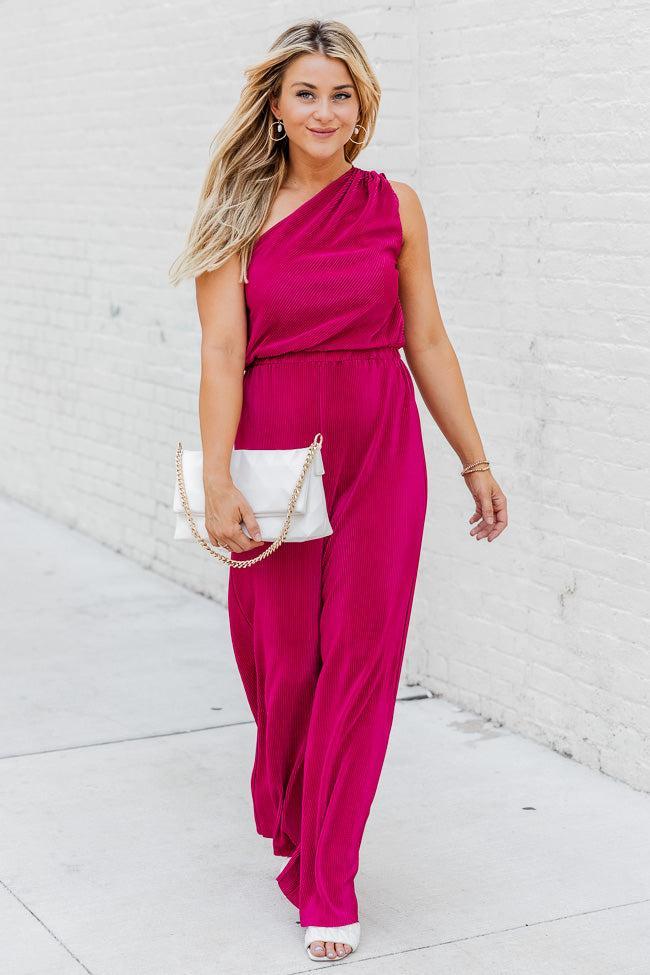 Believe Me Berry One Shoulder Plisse Jumpsuit FINAL SALE Product Image