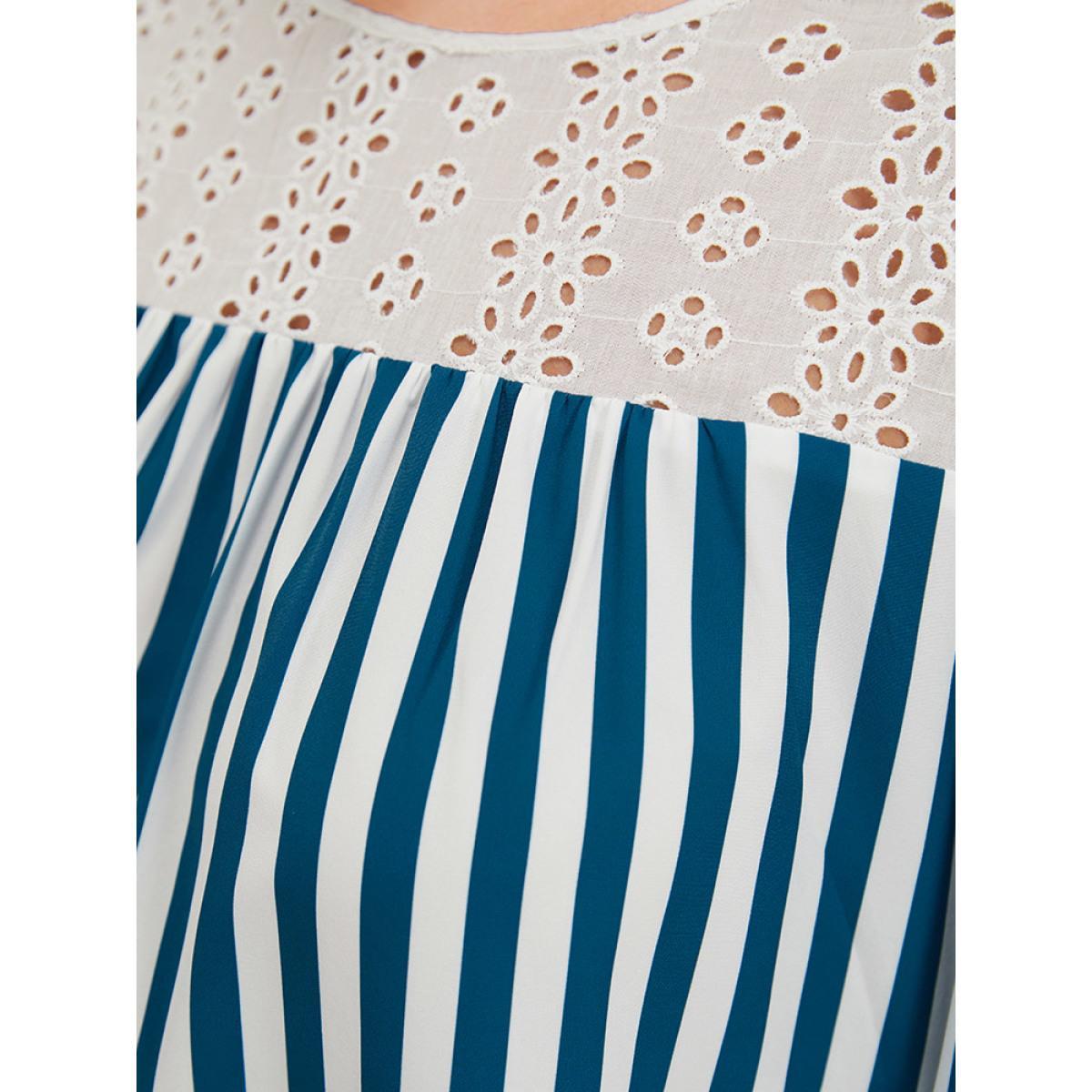 Plus Size Laser Cut Pocket Striped Patchwork Keyhole Dress Aegean Women Office Patchwork Round Neck Short sleeve Curvy Knee Dress BloomChic 18-20/2X Product Image