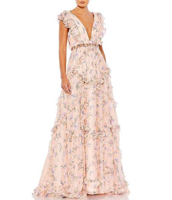 Mac Duggal Floral Print Tiered Ruffle Hem Deep V-Neck Sleeveless Embellished Waist Open Back Gown Product Image