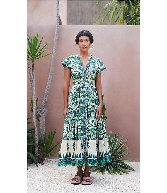 Mo Maya Mojo Printed V-Neck Short Sleeve Flare Midi Dress Product Image