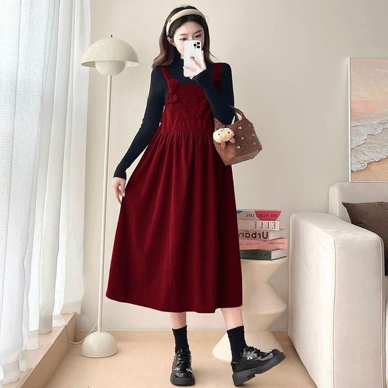 Maternity Long-Sleeve Mock Neck Plain Ribbed Knit Top / Bow Midi A-Line Jumper Dress / Set Product Image