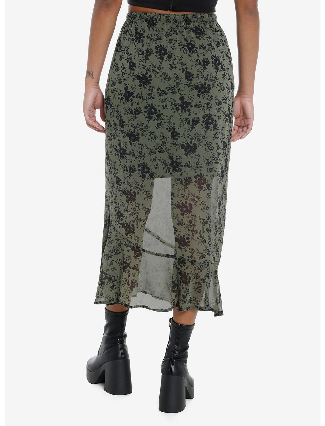 Thorn & Fable Olive Floral Mesh Midi Skirt Product Image