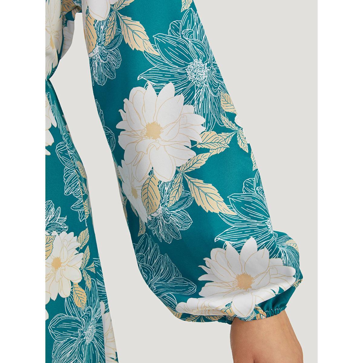 Plus Size Floral Print Wrap Tassel Trim Lantern Sleeve Dress Cerulean Women Elegant Elastic cuffs V-neck Long Sleeve Curvy Midi Dress BloomChic 30/6X Product Image