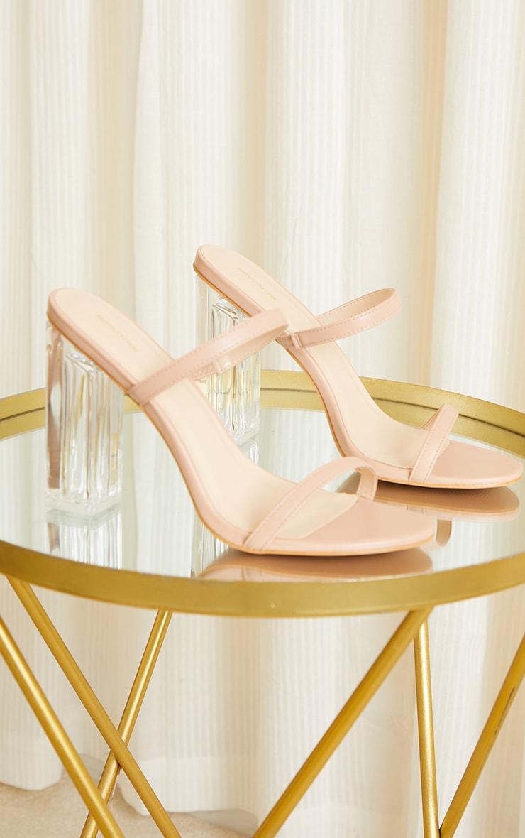 Nude WIDE FIT PU Patent Double Strap Clear Block High Heels Product Image