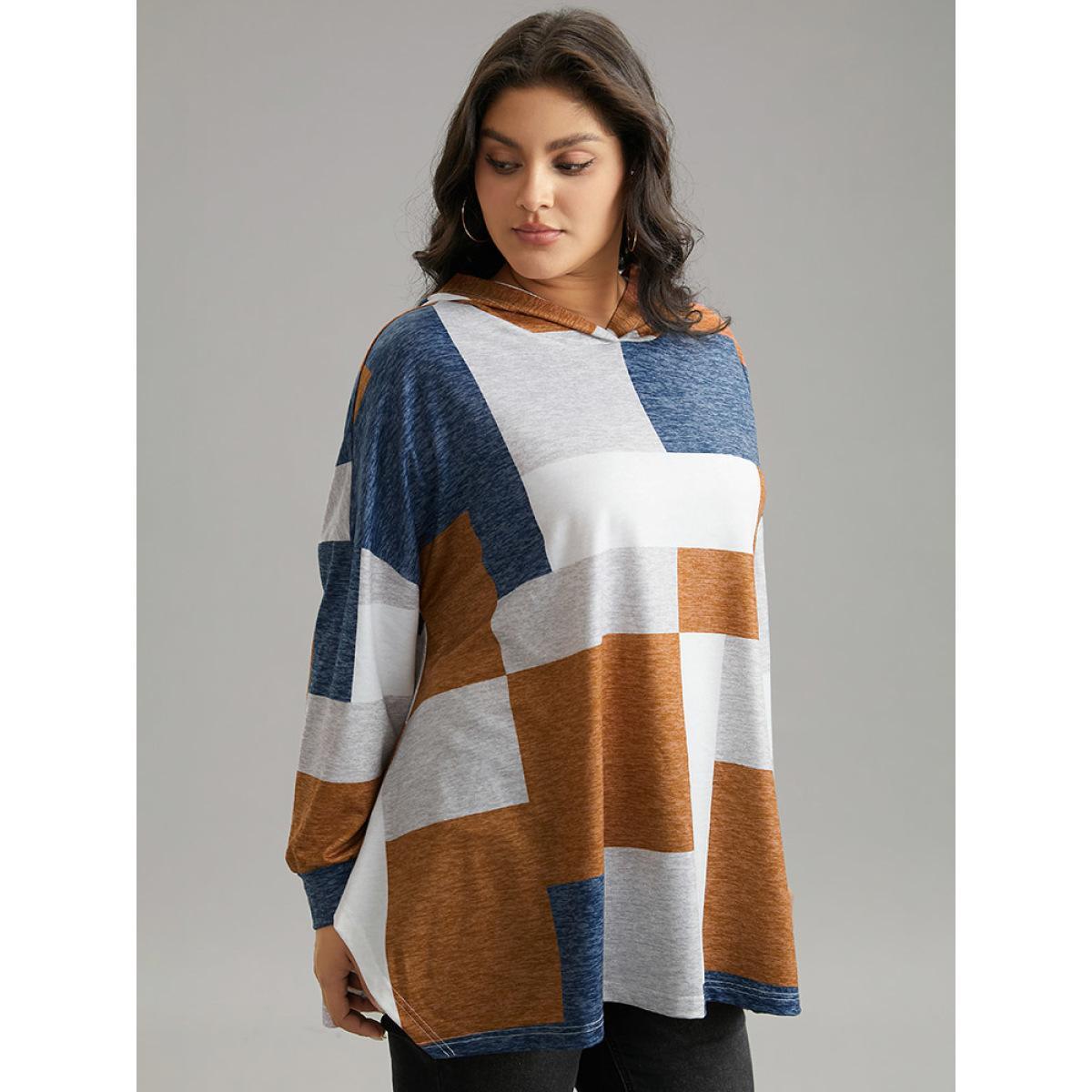 Plus Size Colorblock Contrast Hooded Drop Shoulder Sweatshirt Women Multicolor Casual Contrast Hooded Everyday Sweatshirts BloomChic 14-16/1X Product Image