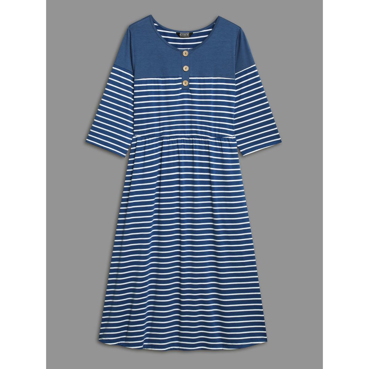 Plus Size Colorblock Striped Waist-Cinched Midi Dress DarkBlue Women Casual Patchwork Knit Dresses Bloomchic 18-20/2X Product Image