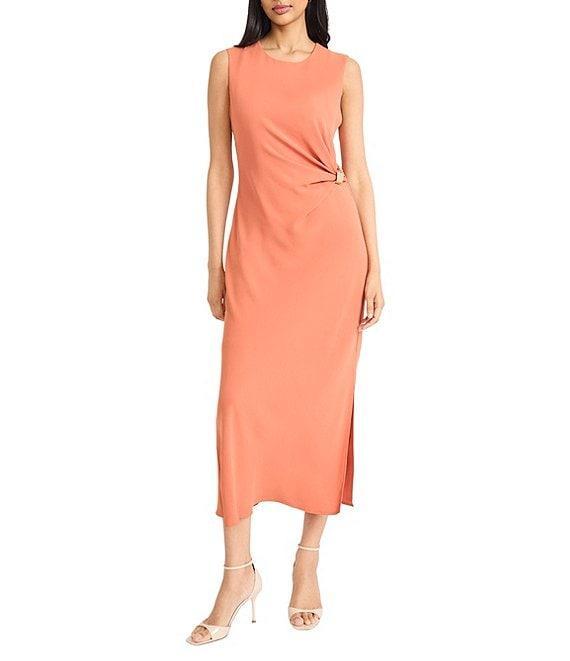 Donna Morgan Crew Neck Sleeveless Ruched Waist Sheath Midi Dress Product Image