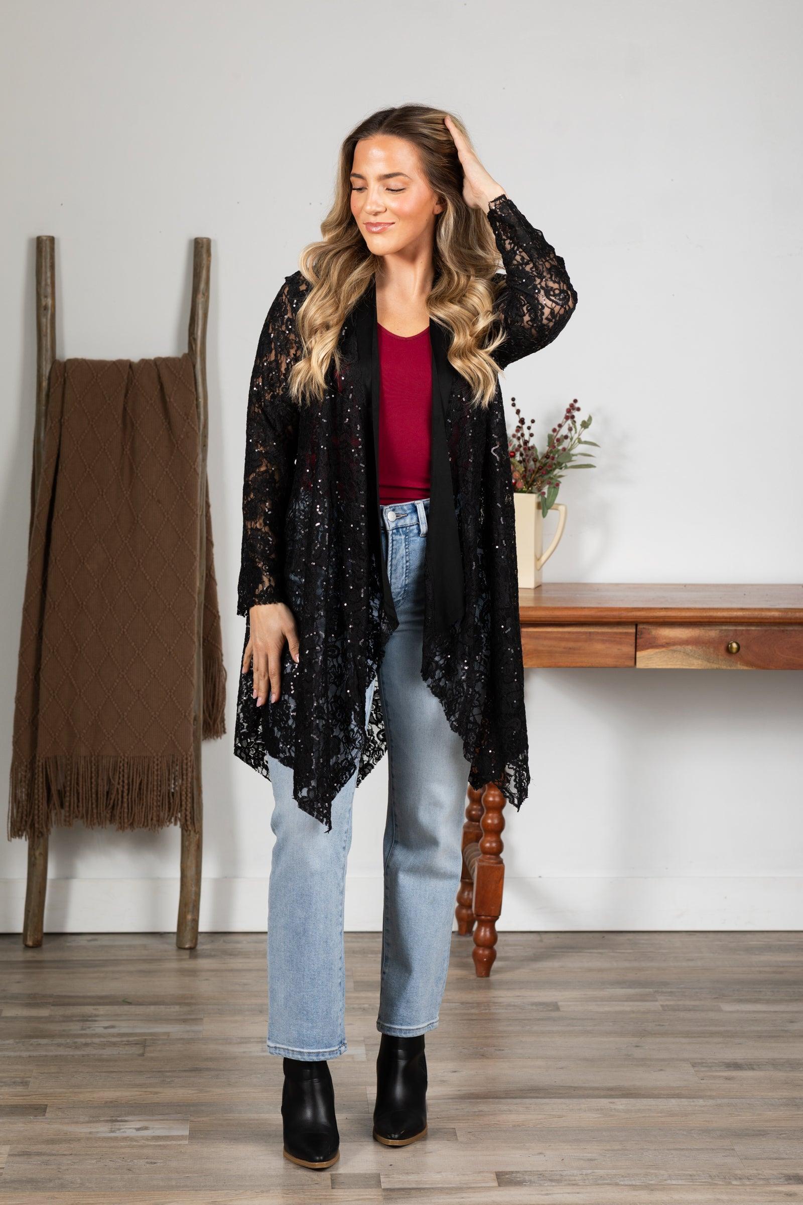 Black Sequins Lace Open Cardigan Product Image